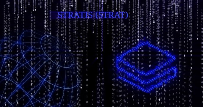 Glowing Stratis (STRAT) symbol against the falling binary code symbols