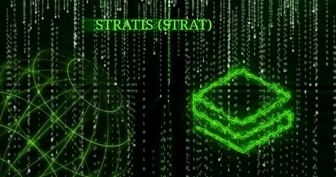 Glowing Stratis (STRAT) symbol against the falling binary code symbols