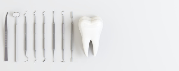 Dentist tools with teeth on white background. 3d rendering