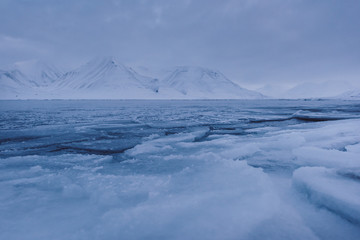  norway landscape ice nature of the glacier mountains of Spitsbergen Longyearbyen  Svalbard   arctic ocean winter  polar day blue sky