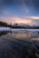 Winter sunset at Johnson Lake, Banff National Park, Travel Alberta, Canada, Canadian Rockies, North America, Landscape of Canada