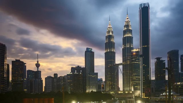 4k time lapse of dramatic sunset sky over Kuala Lumpur, Malaysia city skyline. Pan right