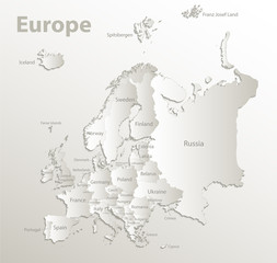 Europe map, new political detailed map, separate individual states, with state names, card paper 3D natural vector
