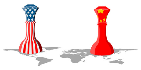Chess piece with flags of United States and China on the world map. Vector illustration design