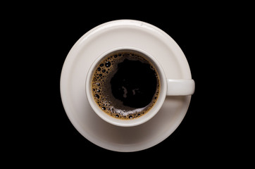 Top View Photo of a Coffee cup and saucer isolated on black background