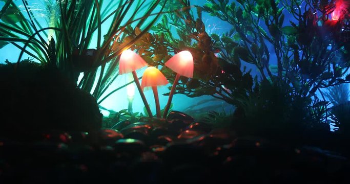Fantasy glowing mushrooms in mystery dark forest close-up. Beautiful macro shot of magic mushroom or souls lost in avatar forest. Fairy lights on background with fog. Selective focus