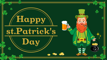 Leprechaun holding Beer mug and pot of gold - St. Patrick's Day Greeting card layout Design