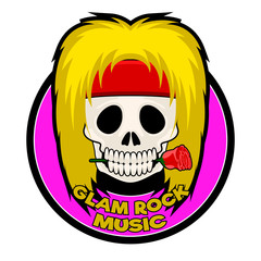 Glam rock music label with a skull and a rose. Vector illustration design