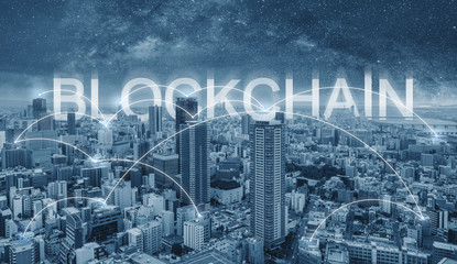 Blockchain technology, cityscape and connections link