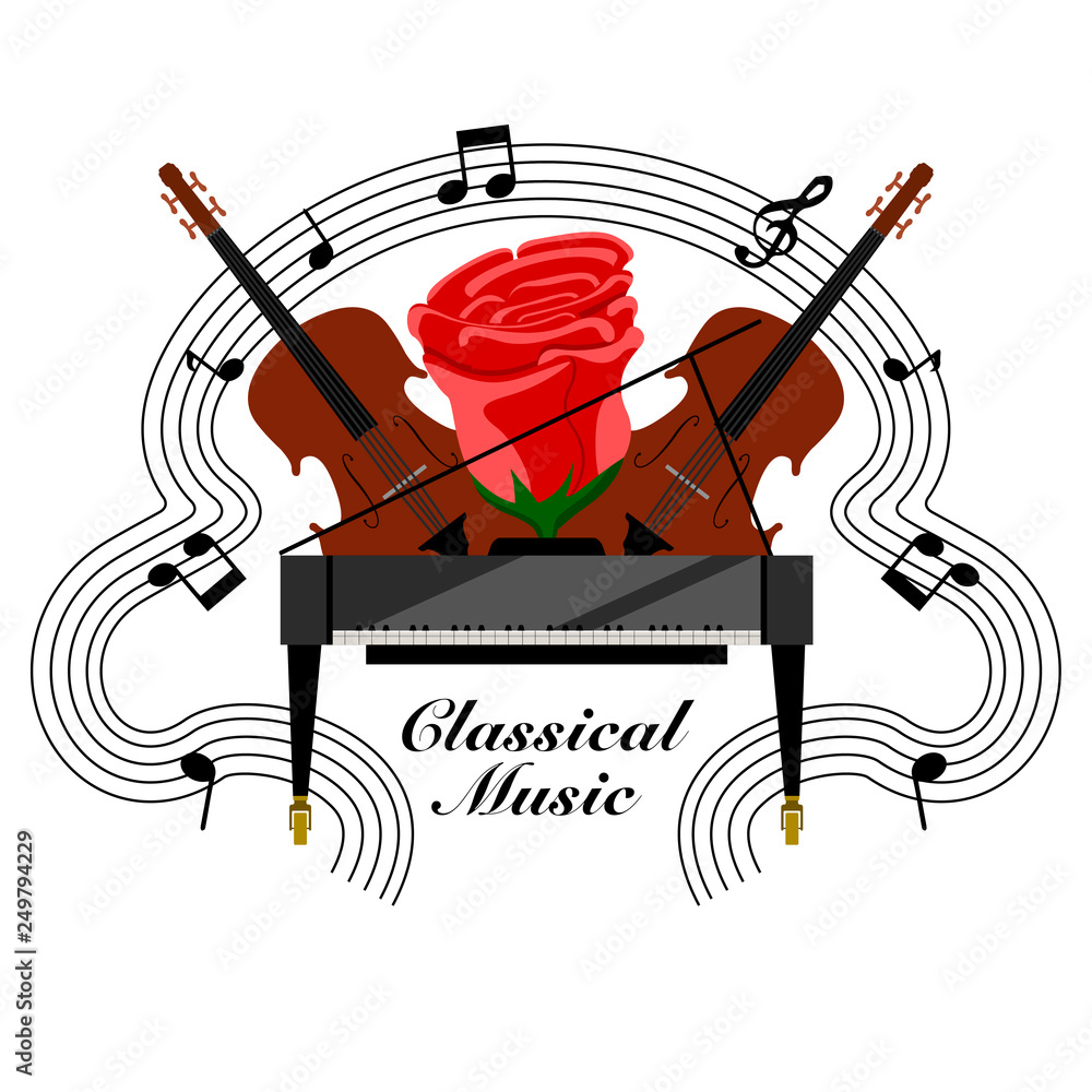 Sticker Classical music banner with a piano and cellos. Vector illustration design