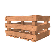 Wooden box for transportation and storage of products. Empty crate for fruits and vegetables. 3d render isolated on white background.