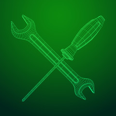 Wrench and screwdriver. Spanner repair tool. Mechanic or engineer instruments. Support service wireframe low poly mesh vector illustration