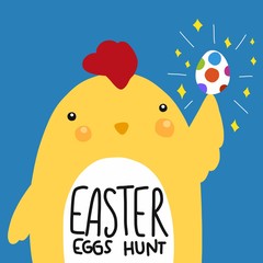 Easter egg hunt chicken holding colorful sparkle egg cartoon vector illustration doodle style