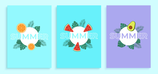 Summer banner design. Contour Typography element with palm leaves and slices of watermelon, avocado and orange. Vector illustration