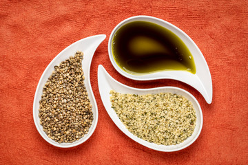 hemp seeds, hearts and oil