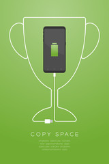 Trophy Cup number one shape made from usb charger cable with Smartphone flat design, Winner battery concept illustration isolated on gold gradient background, with copy space vector eps 10