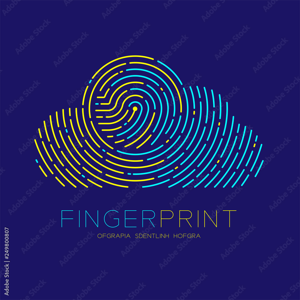 Poster cloud pattern fingerprint scan logo icon dash line, technology connect concept, editable stroke illu