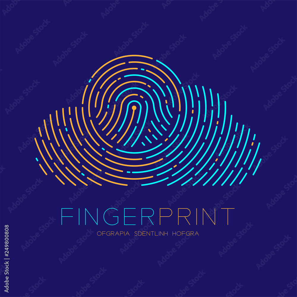 Poster cloud pattern fingerprint scan logo icon dash line, technology connect concept, editable stroke illu