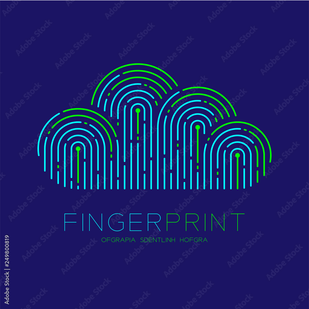 Poster cloud pattern fingerprint scan logo icon dash line, technology connect concept, editable stroke illu