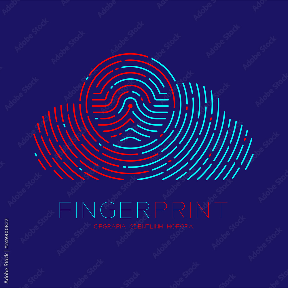Poster cloud pattern fingerprint scan logo icon dash line, technology connect concept, editable stroke illu