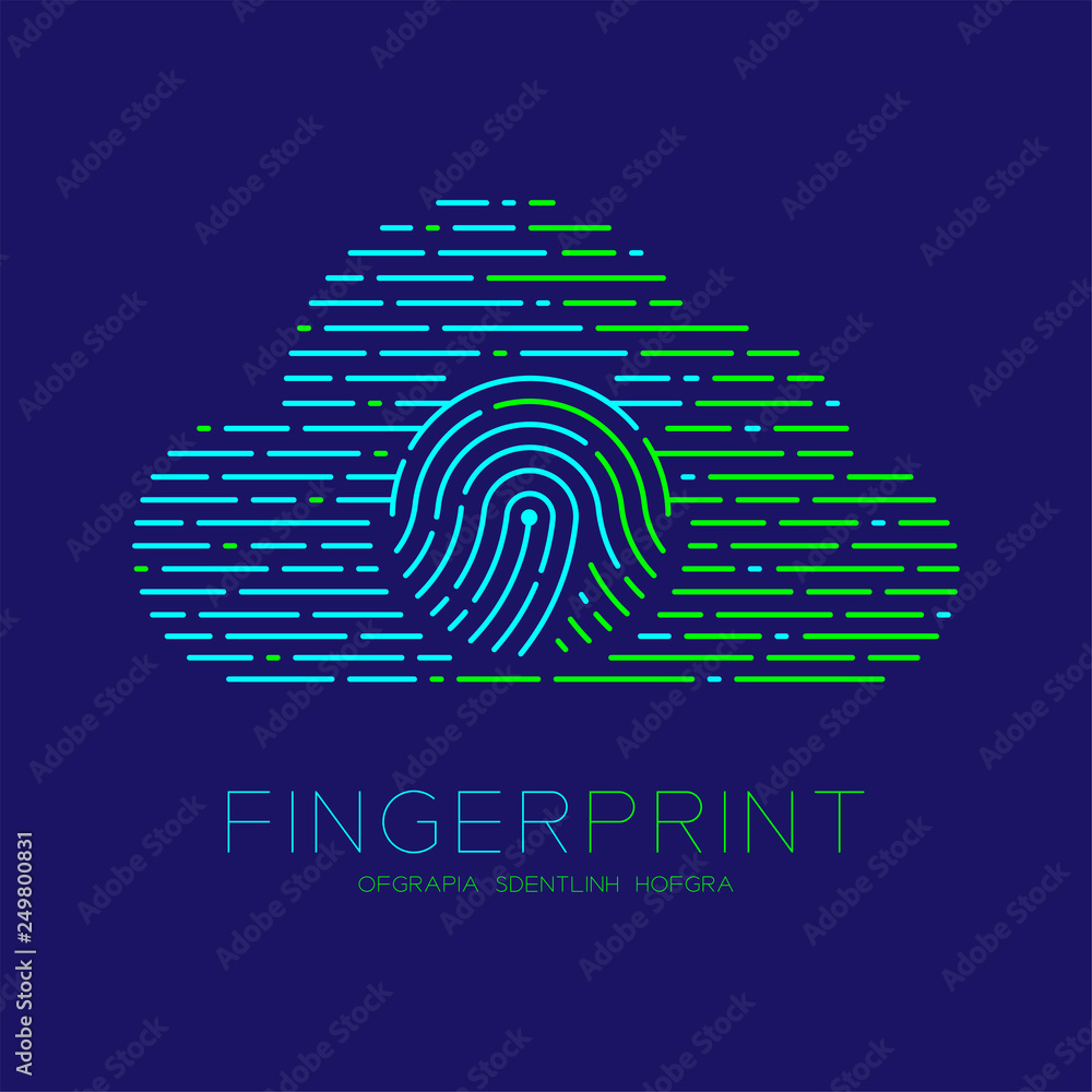 Poster cloud pattern fingerprint scan logo icon dash line, technology connect concept, editable stroke illu
