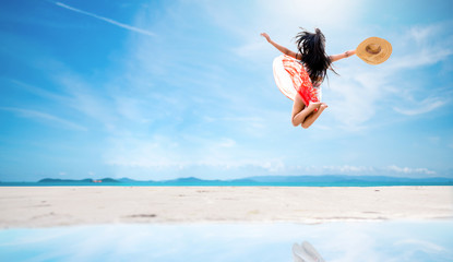 Sexy woman  jumping on sea beach