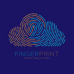 Cloud pattern Fingerprint scan logo icon dash line, Technology connect concept, Editable stroke illustration blue and orange isolated on blue background with Fingerprint text and space, vector eps10