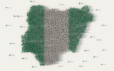 Large group of people forming Nigeria map and national flag in social media and communication concept on white background. 3d sign symbol of crowd illustration from above gathered together - obrazy, fototapety, plakaty