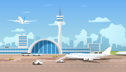 Modern Airport Terminal and Runaway Cartoon Vector - obrazy, fototapety, plakaty