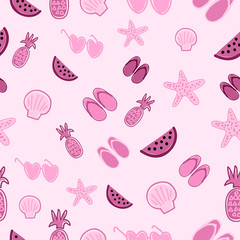 Pink seamless with summer elements. Creative vector texture with watermelon, sunglasses, seashells, flip flops, pineapple