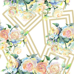 Beige rose bouquet floral botanical flower. Watercolor background illustration set. Seamless background pattern.