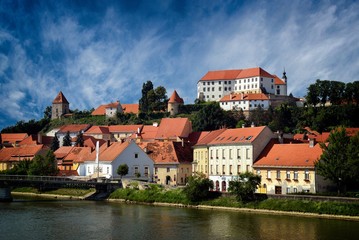 Ptuj, the oldest city in Slovenia. River Drava and old city Ptuj, panoramic view.