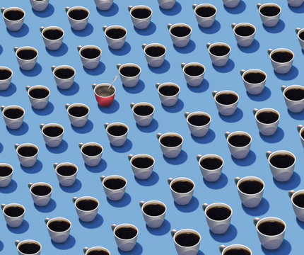 Standing out in a crowd is the theme of this image where identical cups of coffee are in rows but one cup is different from the others. Different, color, spilled, etc.