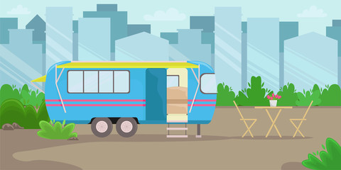 Retro house on wheels for traveling. Car travel. Vector flat illustration. Motorhome in the big city.