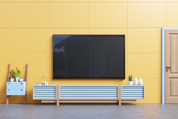 Modern tv stand design with yellow wall in the room decoration,3d rendering