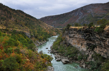 Moraca river canyon at autumn, nature landscape. Montenegro