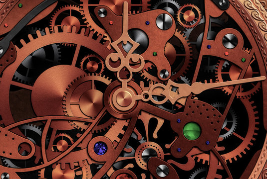 Old mechanical clock. Vintage mechanism structure with clock hands, gears and colorful stones. Inside view. Background. Hands of the clock are moving - life goes on. Illustration without reference
