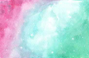 Light pink, blue and green layout with cosmic stars. Watercolor galaxy sky background with stars. fantasy background and pastel color.
