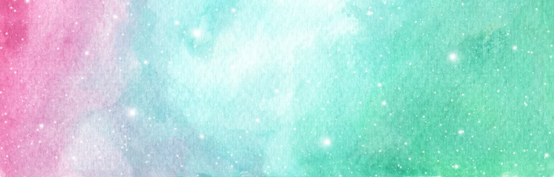 Light pink, blue and green layout with cosmic stars. Watercolor galaxy sky background with stars. fantasy background and pastel color.