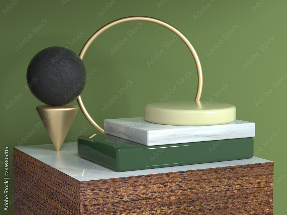 Aufkleber brown wood texture square podium abstract geometric shape still life set 3d rendering circle gold fr