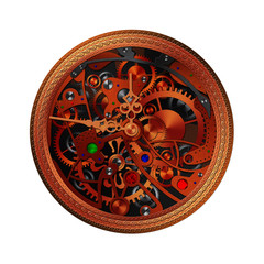 Old mechanical clock. Vintage mechanism structure with clock hands, gears and colorful stones. Inside view. Background. Hands of the clock are moving - life goes on. Illustration without reference
