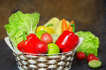 vegetables and fruits in wicker basket