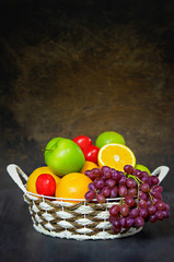 vegetables and fruits in wicker basket