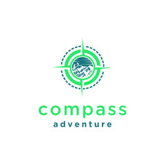 A compass logo design template. Awesome a compass with mountain & circle logo. A compass with mountain & circle lineart logotype.