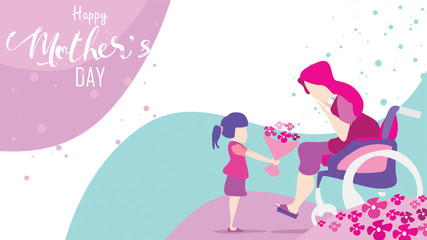Obraz na płótnie Canvas Happy mother's day! Child daughter congratulates disabled mum in wheelchair and gives her flowers tulips. Mum smiling and surprising. Vector illustration flat cartoon design style. - vector