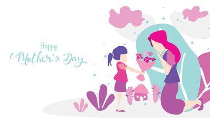 Happy mother's day! Child daughter congratulates mom and gives her flowers tulips. Mum smiling and surprising. Vector illustration flat design style. - Vector