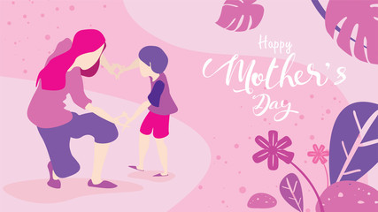 Obraz na płótnie Canvas Happy mother's day! Cute little boy congratulates mom with dancing, playing, laughing, and together showing heart shape symbol. Vector illustration flat design style. Flat cartoon style. - Vector