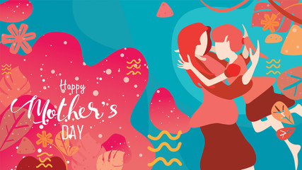 Vector illustration flat design style happy mother's day! Child daughter running and hugging to her mum to congratulate with liquid shape background with living coral color trendy 2019. - vector