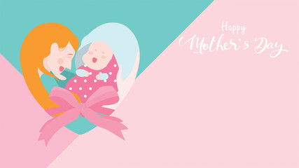 Happy mother's day banner. Mum laughing, smiling, holding and hugging her baby with forming of heart shape or love symbol. Colorful vector illustration flat design style. Copy space for text. - vector