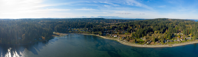 Panoramic View of Bainbridge Island Washington USA - Watefront Housing to Kitsap County to Olympic...